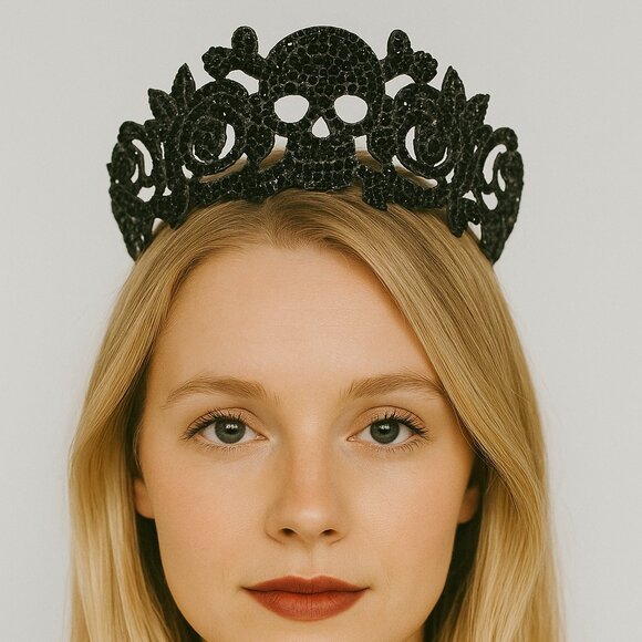 Tiara, Black Crystals, skull and roses, new item, Biker, Goth, Punk, Halloween - Picture 4 of 11